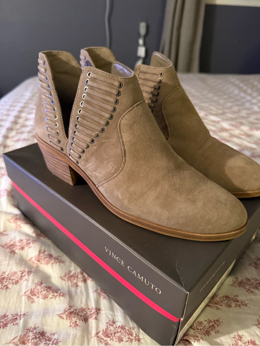 Vince Camelot Taupe Suede Cutout Lace-Up Ankle Booties